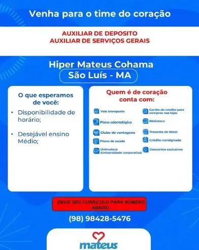 2 Vagas de emprego para Auxiliar De Depósito E Auxiliar De Serviços Gerais sem experiência na empresa Grupo Mateus em 08/09