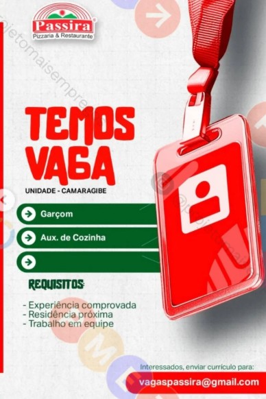 2 Vagas de emprego para Garçom, Auxiliar De Cozinha na empresa Pizzaria e Restaurante Passira em 27/09