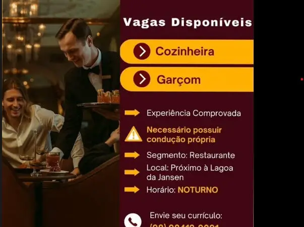 2 Vagas de emprego para Cozinheiro, Garçom no Segmento alimentício em 09/09