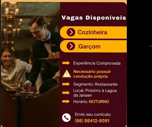 2 Vagas de emprego para Cozinheiro, Garçom no Segmento alimentício em 09/09