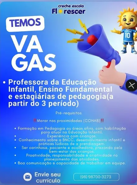 2 Vagas de emprego para Professora, Estagiária De Pedagogia na empresa Creche Escola Florescer em 08/09