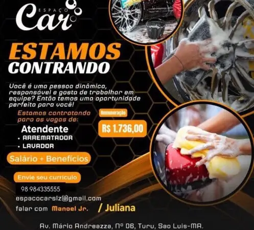 2 Vagas de emprego para Arrematador, Lavador De Carros sem experiência na empresa Oficina Espaço Car em 10/09