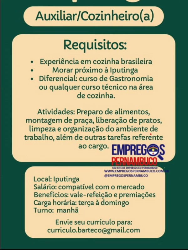 2 Vagas de emprego para Auxiliar, Cozinheiro no Segmento alimentício em 23/09