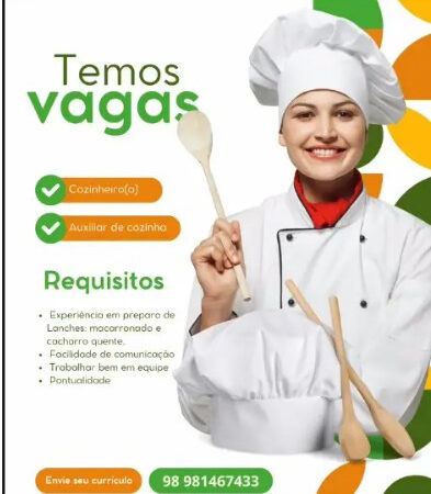 2 Vagas de emprego para Cozinheiro, Auxiliar De Cozinha no Segmento alimentício em 08/09