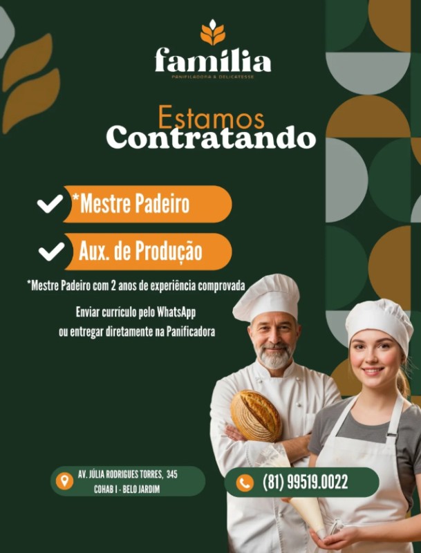 2 Vagas de emprego para Mestre Padeiro, Auxiliar De Produção na empresa Delicatessen Família em 18/09