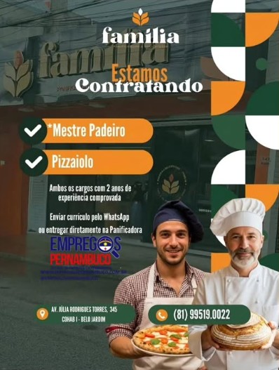 2 Vagas de emprego para Mestre Padeiro, Pizzaiolo na empresa Delicatessen Família em 25/09