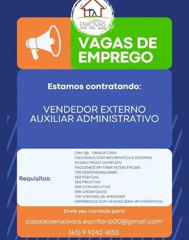 2 Vagas de emprego para Vendedor Externo, Auxiliar Administrativo sem experiência na empresa Casa dos Enxovais em 09/09