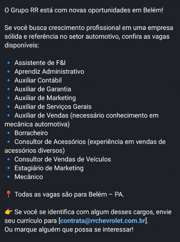 1 Vaga de emprego para Assistente De Rh, Aprendiz Administrativo, Auxiliar Contabil, Auxiliar De Garantia, Auxiliar De Marketing, Auxiliar De Serviços Gerais, Auxiliar De Vendas, Borracheiro, Consultor De Acessórios, Estagiario De Marketing E Mecânico na Cidade em 27/09