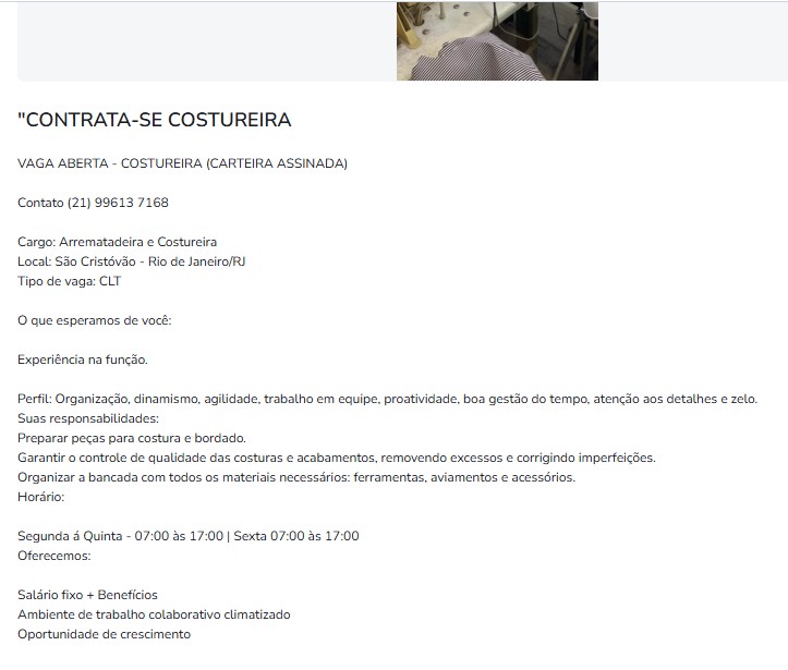 1 Vaga de emprego para Costureira na Cidade Rio de Janeiro em 23/09