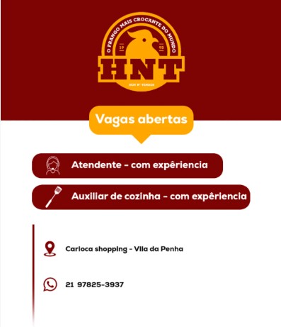 2 Vagas de emprego para Atendente, Auxiliar De Cozinha na empresa HNT em 25/09