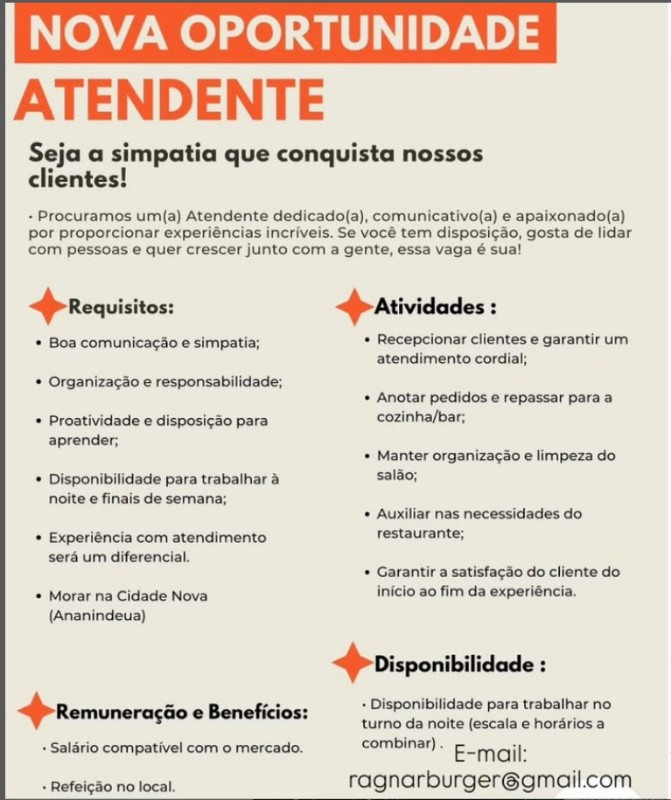 1 Vaga de emprego para Atendente na Cidade em 27/09