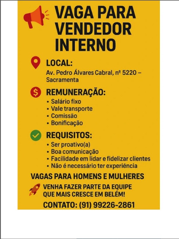 1 Vaga de emprego para Vendedor Interno na Cidade em 18/09