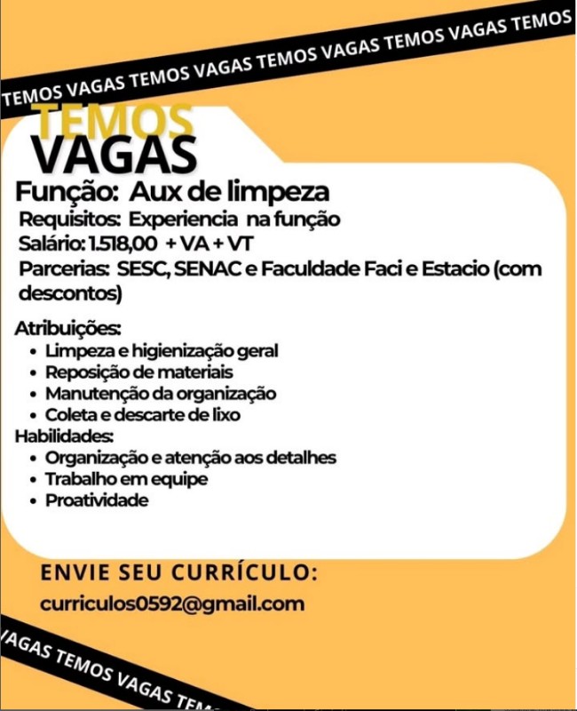 1 Vaga de emprego para Auxiliar De Limpeza na Cidade em 27/09