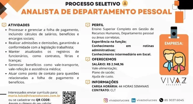 1 Vaga de emprego para Analista De Departamento Pessoal no segmento de economia em 11/09