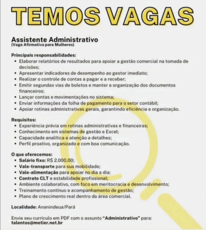 1 Vaga de emprego para Assistente Administrativo na Cidade em 18/09