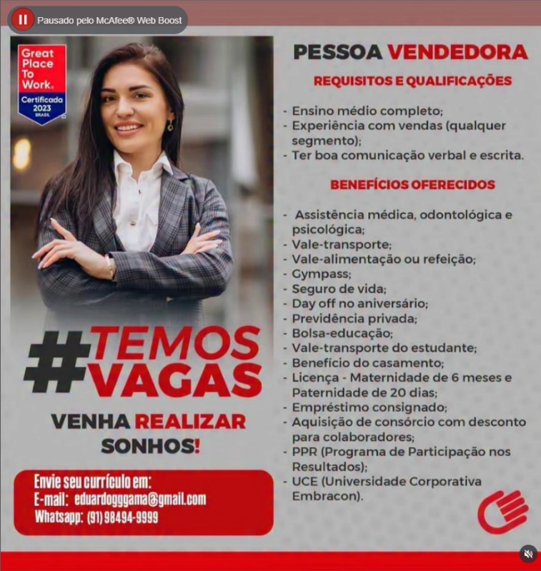 1 Vaga de emprego para Vendedora na cidade em 20/09
