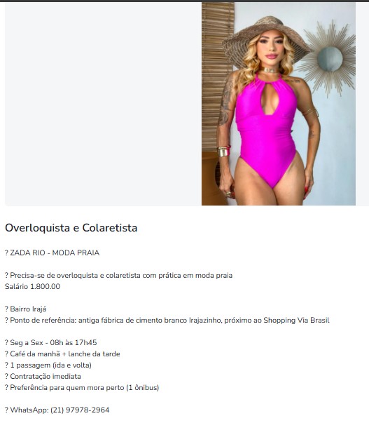 2 Vagas de emprego para Overloquista, Colaretista na empresa 2 ZADA RIO MODA PRAIA em 25/09