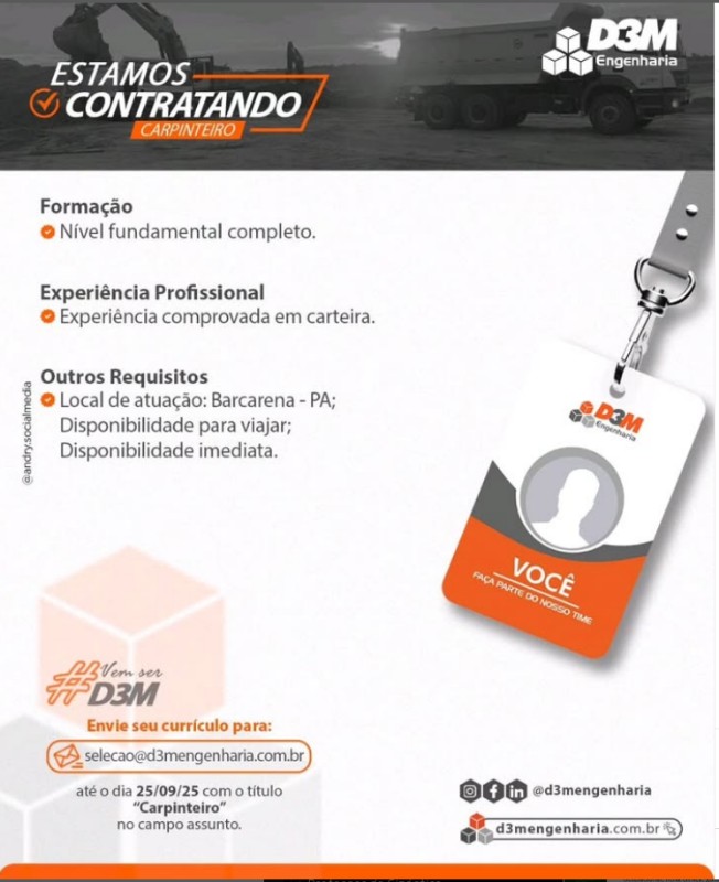 1 Vaga de emprego para Carpinteiro na empresa D3Engenharia em 27/09