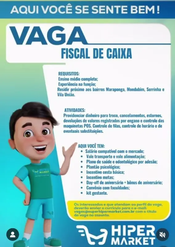 1 Vaga de emprego para Fiscal De Caixa na empresa Hiper Market em 08/09
