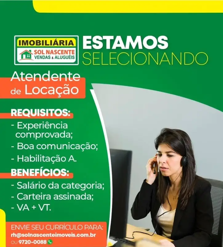 1 Vaga de emprego para Atendente De Locação na empresa Imobiliária Sol Nascente em 12/09