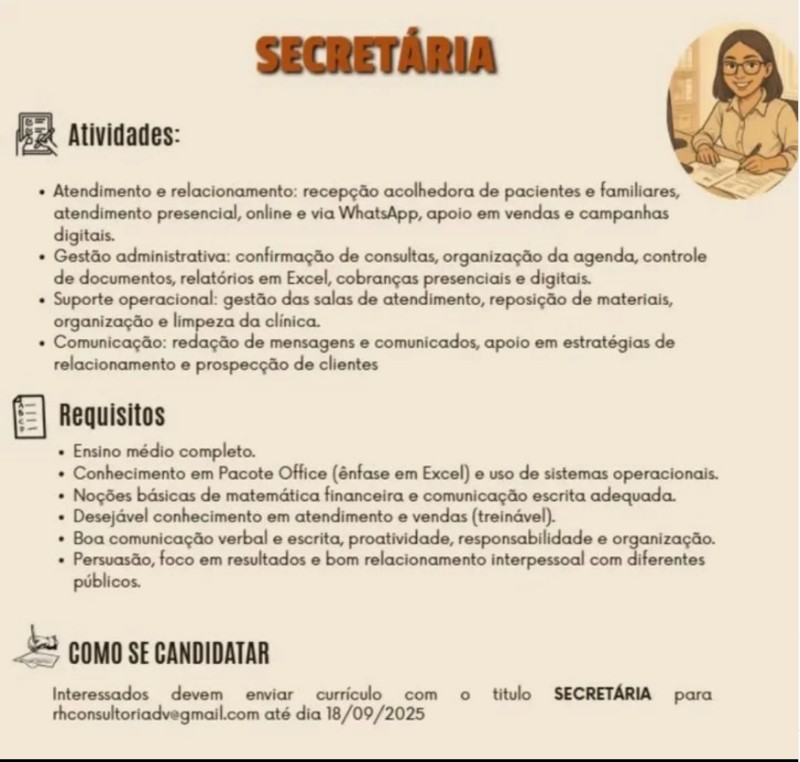 1 Vaga de emprego para Secretaria na Cidade em 17/09