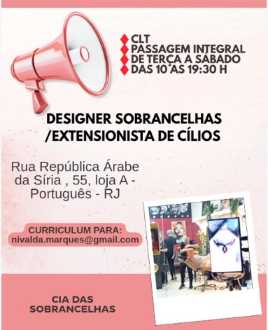 2 Vagas de emprego para Designer Sobrancelhas, Extensionista De Cílios na empresa Cia das Sobrancelhas em 23/09