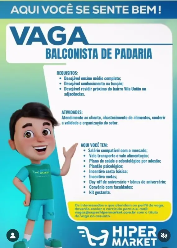 1 Vaga de emprego para Balconista De Padaria na empresa Hiper Market em 08/09