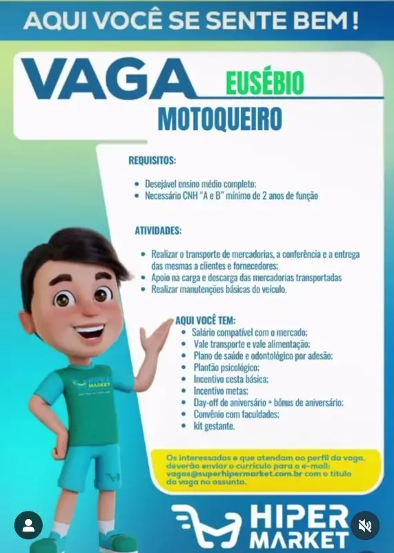 1 Vaga de emprego para Motoqueiro na empresa Hiper Market em 08/09