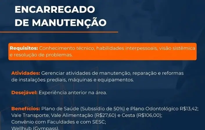 1 Vaga de emprego para Encarregado De Manutenção na empresa Grupo Metas em 12/09