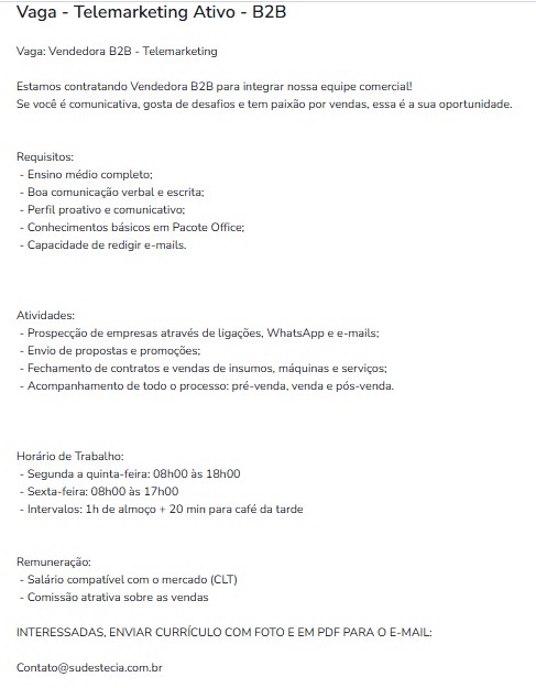 1 Vaga de emprego para Telemarketing Tivo B2b na empresa Sudeste Cia em 23/09