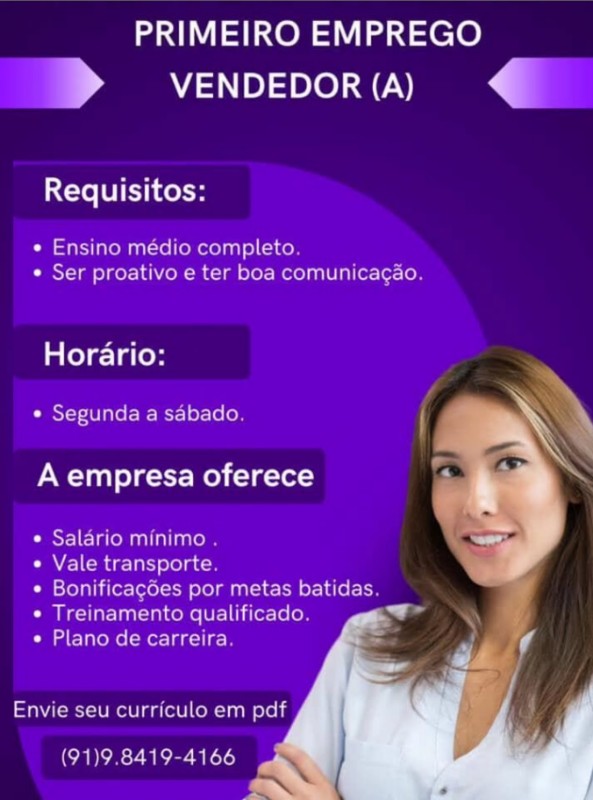 1 Vaga de emprego para Vendedora na Cidade em 27/09