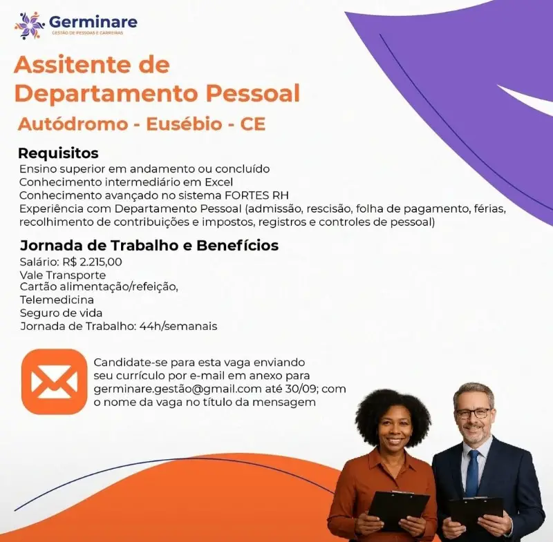 1 Vaga de emprego para Assistente De Departamento Pessoal na empresa Germinare em 11/09