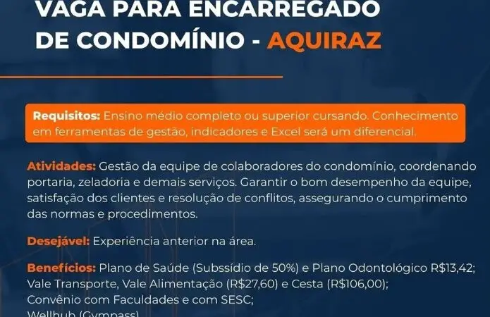 1 Vaga de emprego para Encarregado De Condomínio na empresa Grupo Metas em 12/09