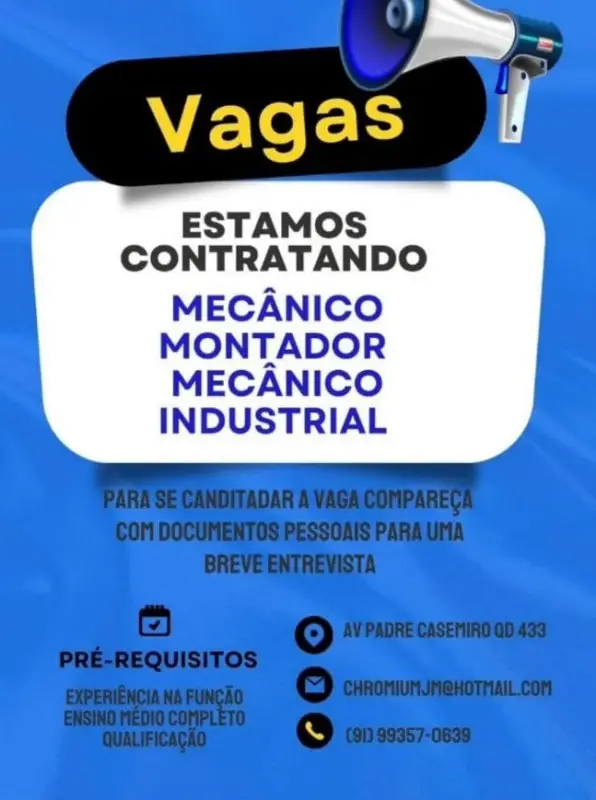 1 Vaga de emprego para Mecânico Montador Mecânico Industrial na cidade em 06/09
