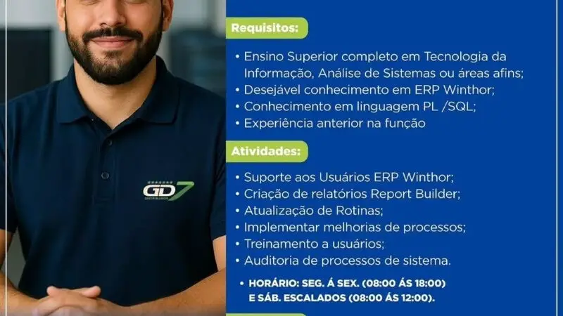 1 Vaga de emprego para Analista De Ti Júnior na empresa GD7 Distribuidor em 12/09