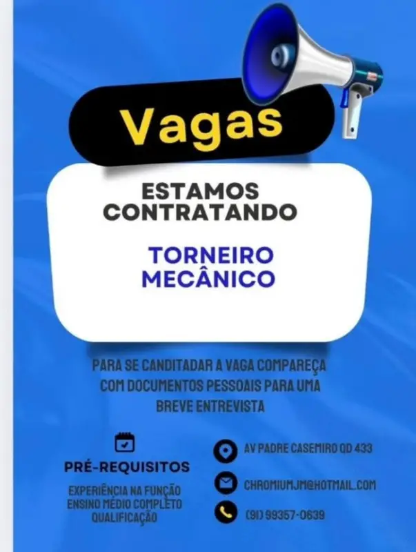 1 Vaga de emprego para Torneiro Mecanico na cidade em 06/09
