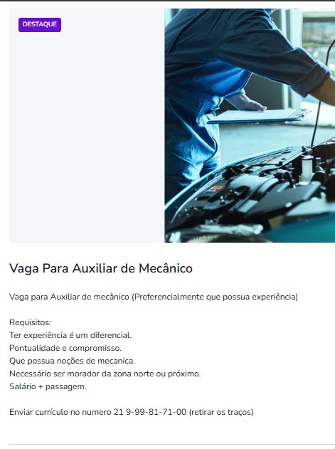 1 Vaga de emprego para Auxiliar De Mecânico sem experiência na empresa Oficina em 23/09