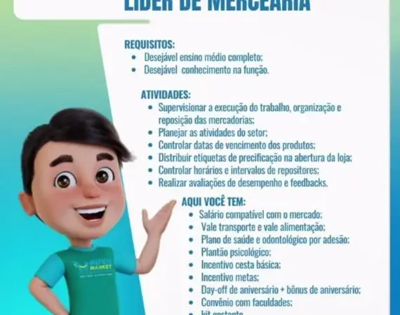 1 Vaga de emprego para Líder De Mercearia na empresa Hiper Market em 08/09