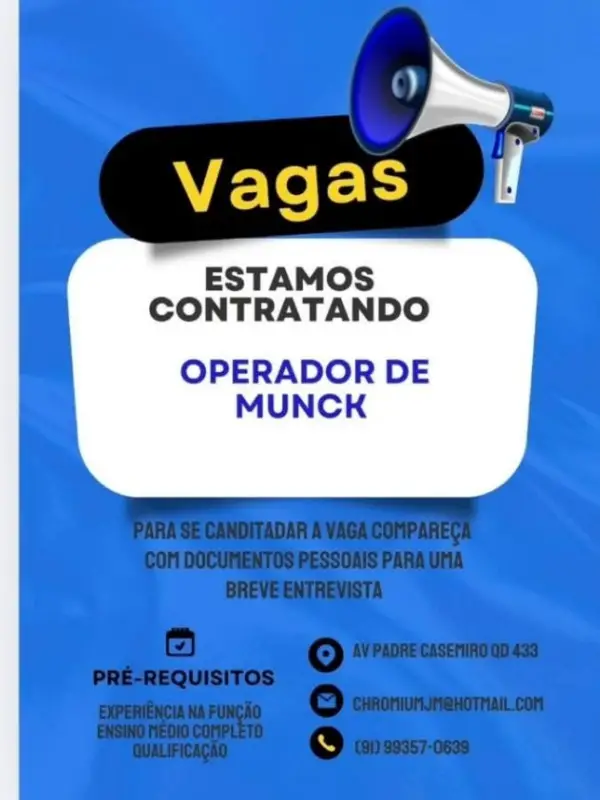 1 Vaga de emprego para Operador De Munck na cidade em 06/09
