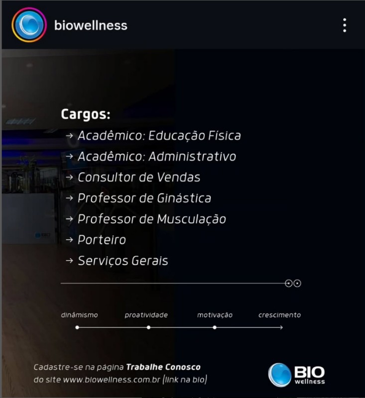 1 Vaga de emprego para Academico Educação Fisica, Academico Administrativo, Consultor De Vendas, Professor De Ginastica, Professor De Musculação, Porteiro E Serviços Gerais na empresa BIOWELNESS em 27/09