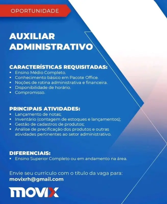 1 Vaga de emprego para Auxiliar Administrativo na empresa MOVIX em 05/09