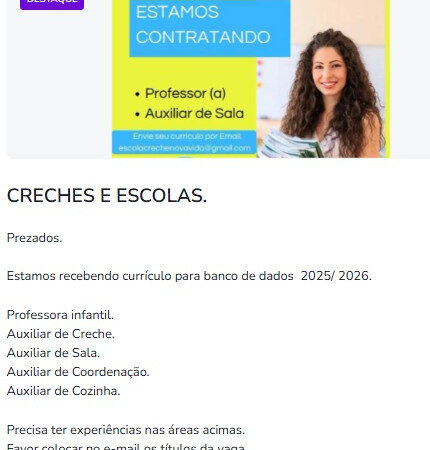 1 Vaga de emprego para Auxiliar De Creche, Auxiliar De Sala, Auxiliar De Coordenação E Auxiliar De Cozinha na empresa Escola Creche Nova Vida em 11/09