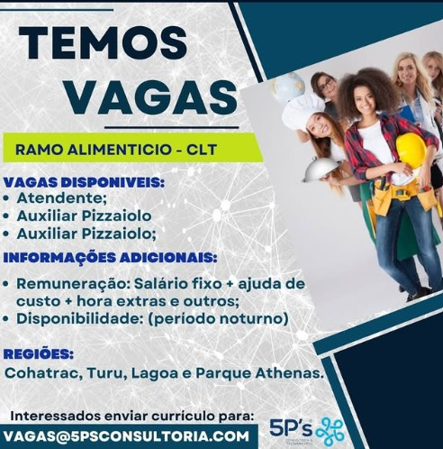 2 Vagas de emprego para Atendente, Auxiliar De Pizzaiolo na empresa 5 P´s Consultoria em 12/09