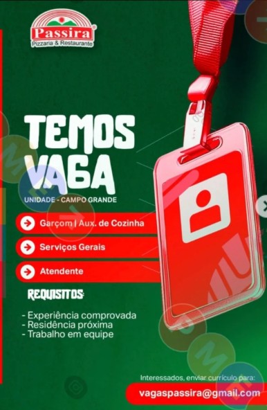 4 Vagas de emprego para Garçom, Auxiliar De Cozinha, Serviços Gerais, Atendente na empresa Restaurante e Pizzaria Passira em 27/09