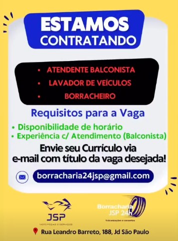 3 Vagas de emprego para Atendente Balconista, Lavador De Veículos, Borracheiro na empresa JSP Motopeças em 27/09