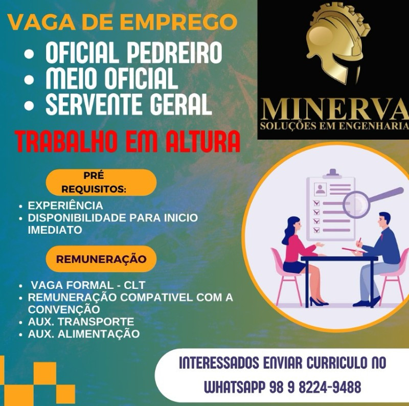 3 Vagas de emprego para Oficial Pedreiro, Meio Oficial, Servente Geral na empresa Minerva em 11/09