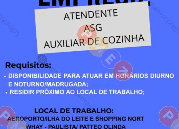 3 Vagas de emprego para Atendente, Auxiliar De Serviços Gerais, Auxiliar De Cozinha sem experiência no Segmento alimentício em 10/09