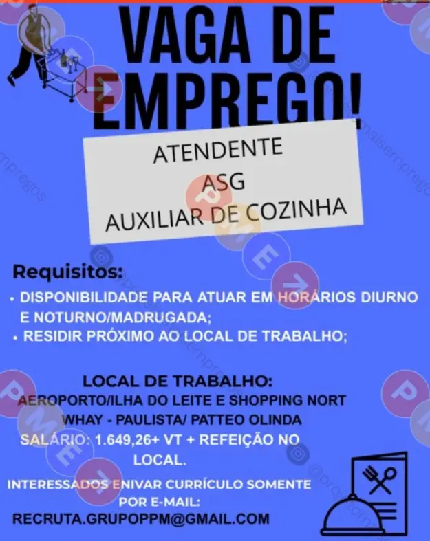 3 Vagas de emprego para Atendente, Auxiliar De Serviços Gerais, Auxiliar De Cozinha sem experiência no Segmento alimentício em 10/09