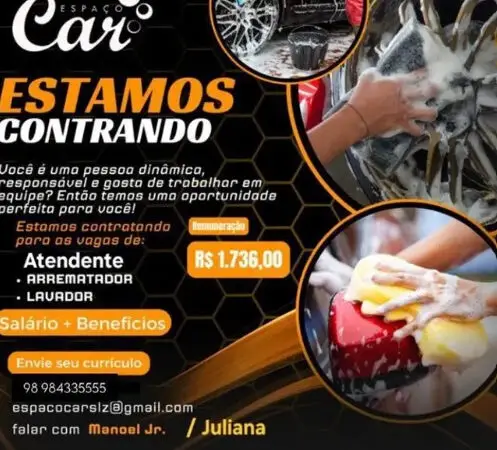 3 Vagas de emprego para Atendente, Lavador, Arrematador na empresa Lava jato Espaço Car em 09/09