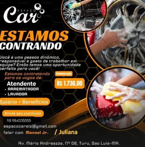 3 Vagas de emprego para Atendente, Lavador, Arrematador na empresa Lava jato Espaço Car em 09/09